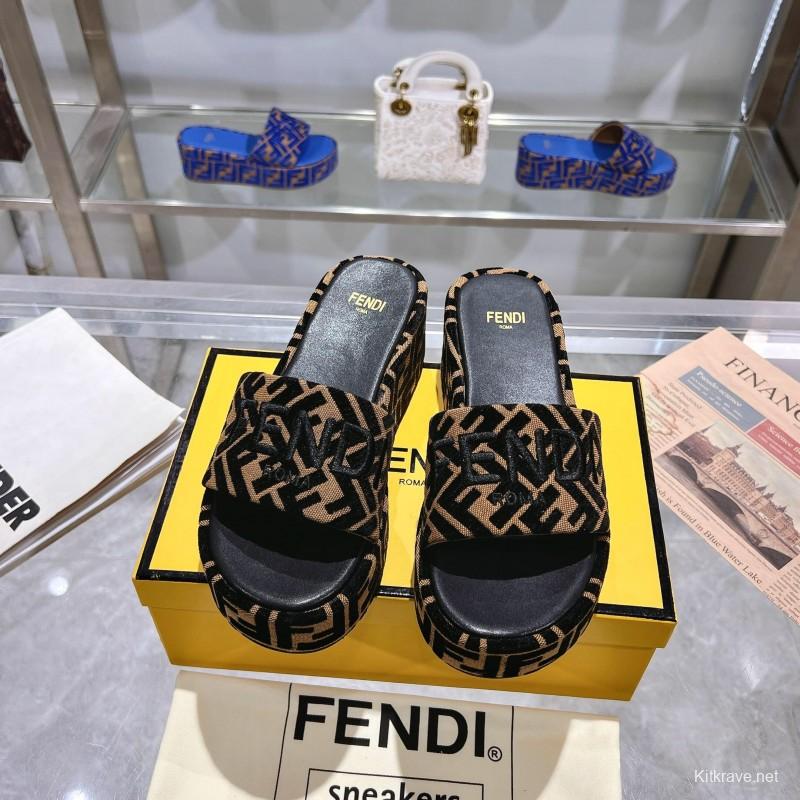 2025 Slippers Fendi Black Brown Canvas Platform FF Jacquard KFY00240