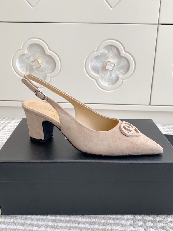2025 Women Chanel Beige Suede Slingback Pointed Toe Heart CC Sandals