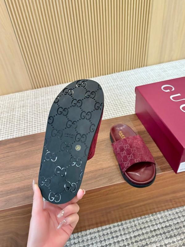 2025 Women Gucci Red Suede Leather Slippers