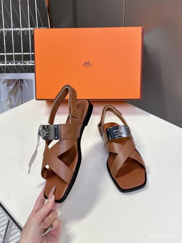 2025 Women Hermès Brown White Calfskin Leather Sandals Metal Hardware KFY00300