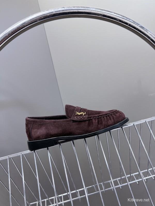 2025 Women Yves Saint Laurent Dark Purple Suede Loafers KFY00350
