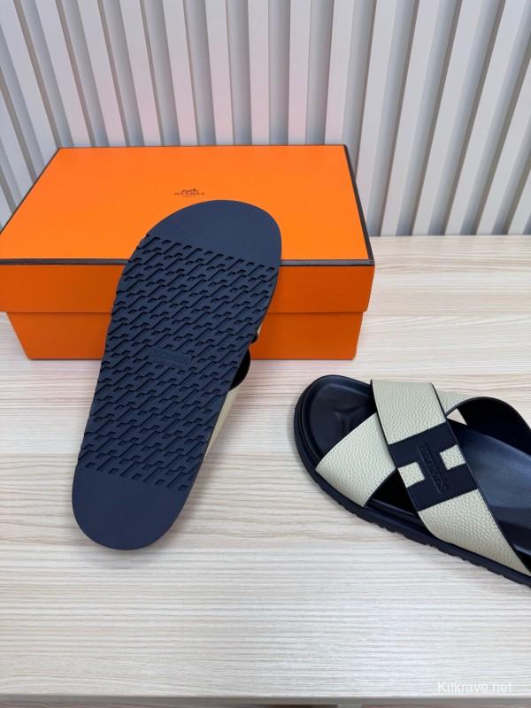 2025 Slippers Hermès Black Ivory Leather Cross Strap
