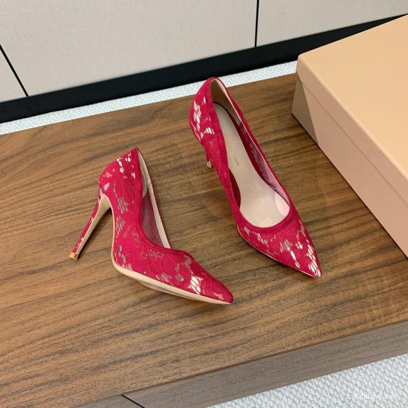 2025 Women Gianvito Rossi Red Lace Leather Pumps KFY00280