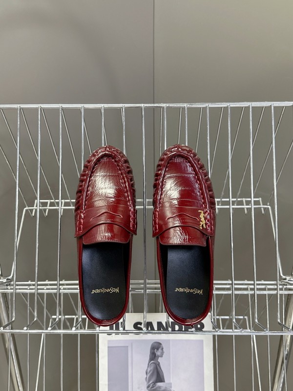 2025 Women Yves Saint Laurent Burgundy Leather Loafers