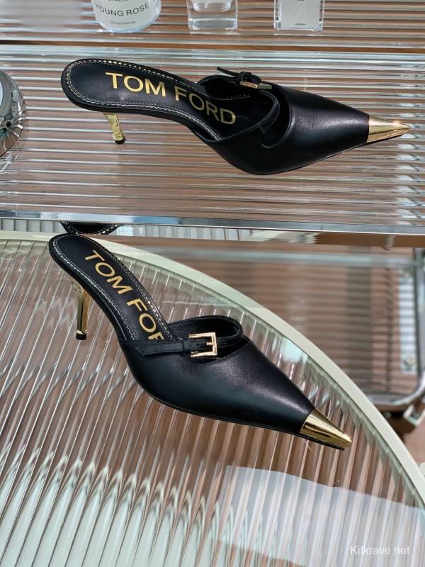 2025 Women TOM FORD Black Gold Leather Heeled Mules KFY00300