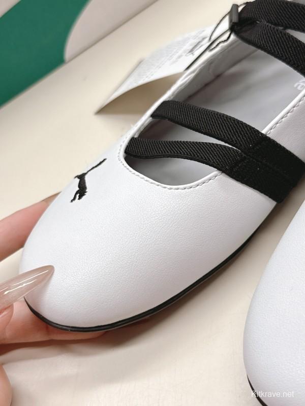 2025 Women Puma White Black Leather Ballet Flat LY