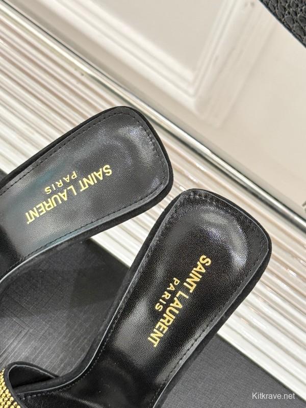 2025 Women Yves Saint Laurent Black Gold Leather High Heel Slip-On LY00300
