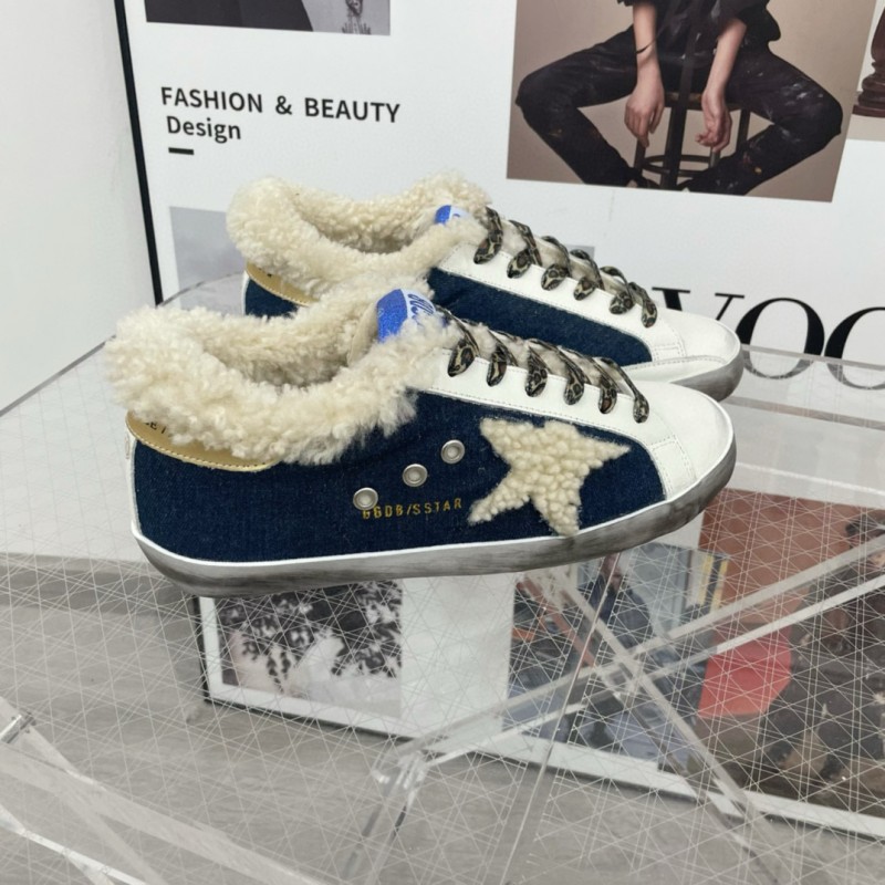 2025 Women GGDB White Navy Blue Leather Shearling Sneakers