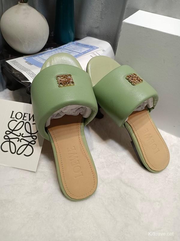 2025 Women Loewe Green Leather Slippers
