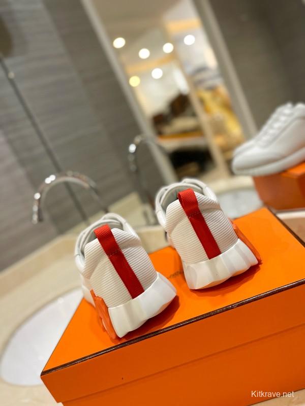 2024 Unisex Hermès White Orange Black Imported Glossy Lambskin Rain Velvet Casual Sneakers MJ00320