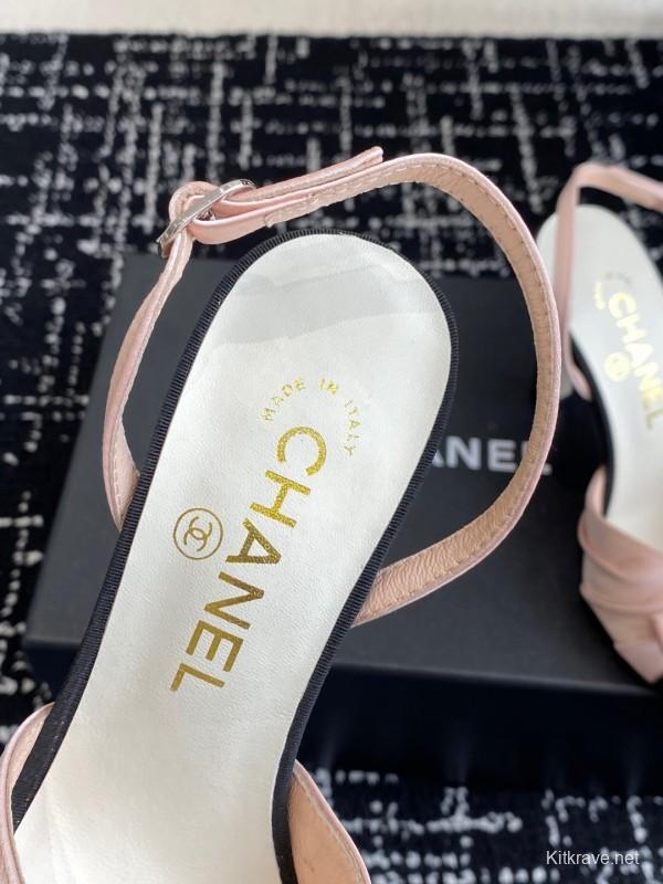 2025 Women Chanel Pink Black Satin Leather Slingback Heels KFY00289