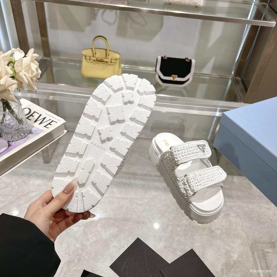2025 Women Prada White Knit Leather Slippers
