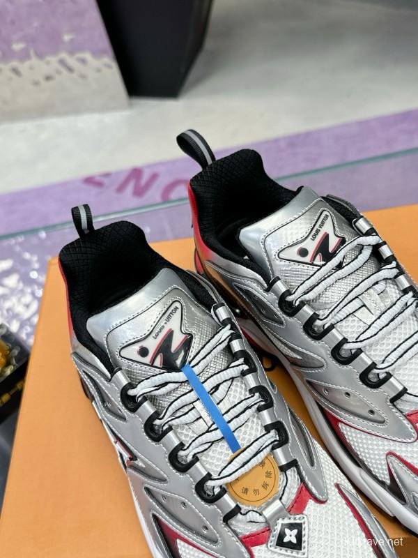 2025 Men Louis Vuitton White Red Black Leather Mesh Sneakers MJ00420