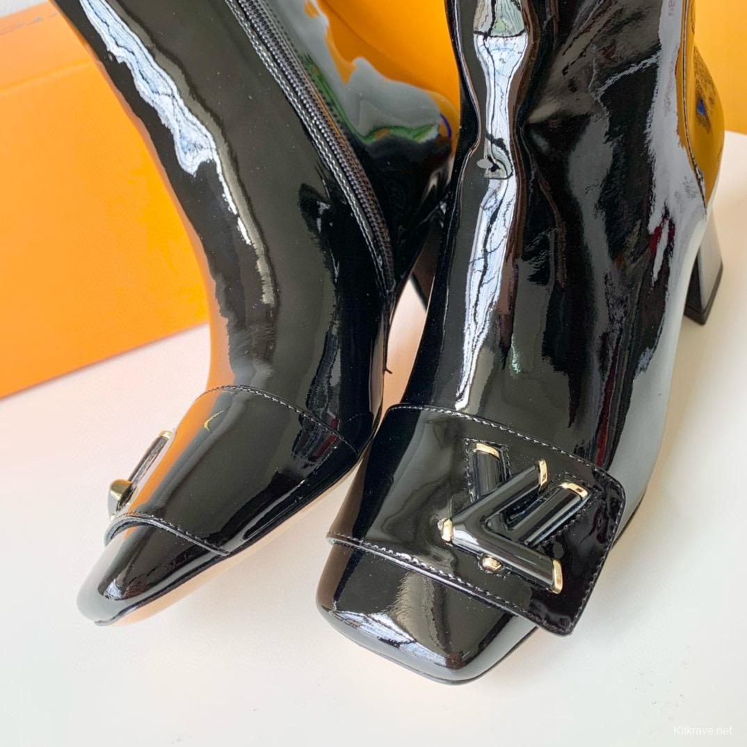 2024 Women Louis Vuitton Black Patent Leather Ankle Boots MJ00420