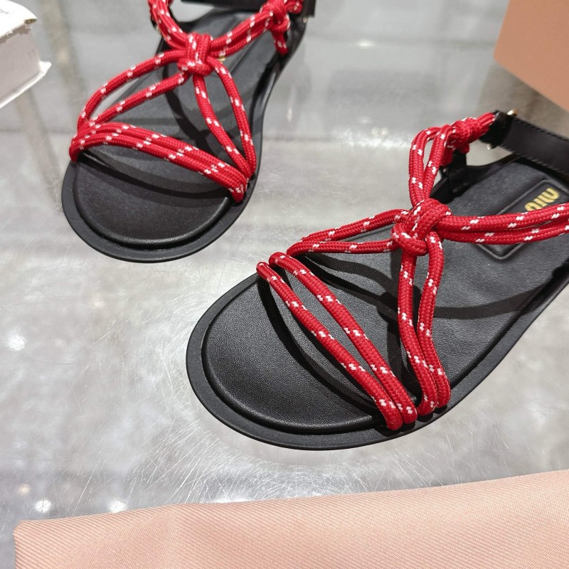2025 Women Miu Miu Red Black Leather Rope Sandals KFY00200