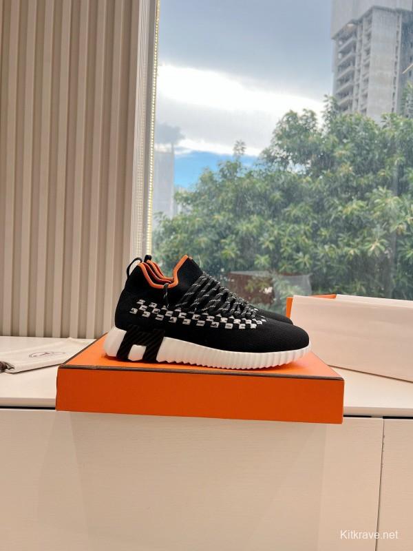 2024 Unisex Hermès Black White Orange Calfskin Suede Sneakers MJ00290