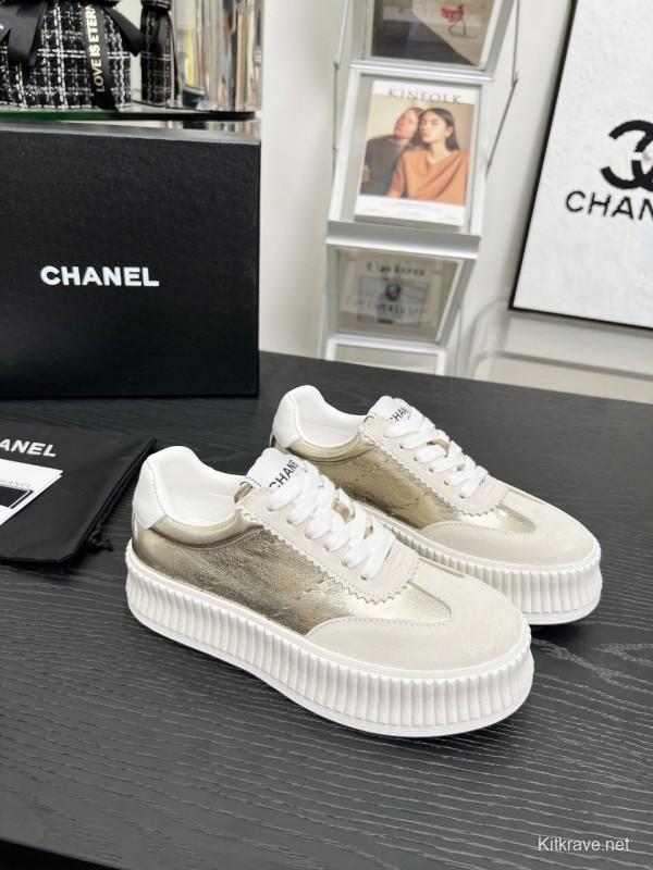 2025 Women Chanel White Gold Leather Suede Sneakers LY00270