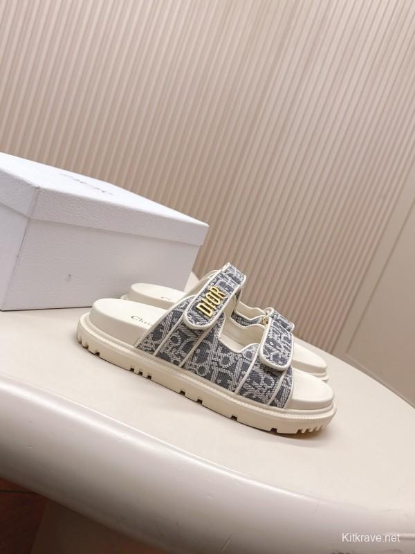 2025 Women Dior Gray Canvas Leather Sandals LY