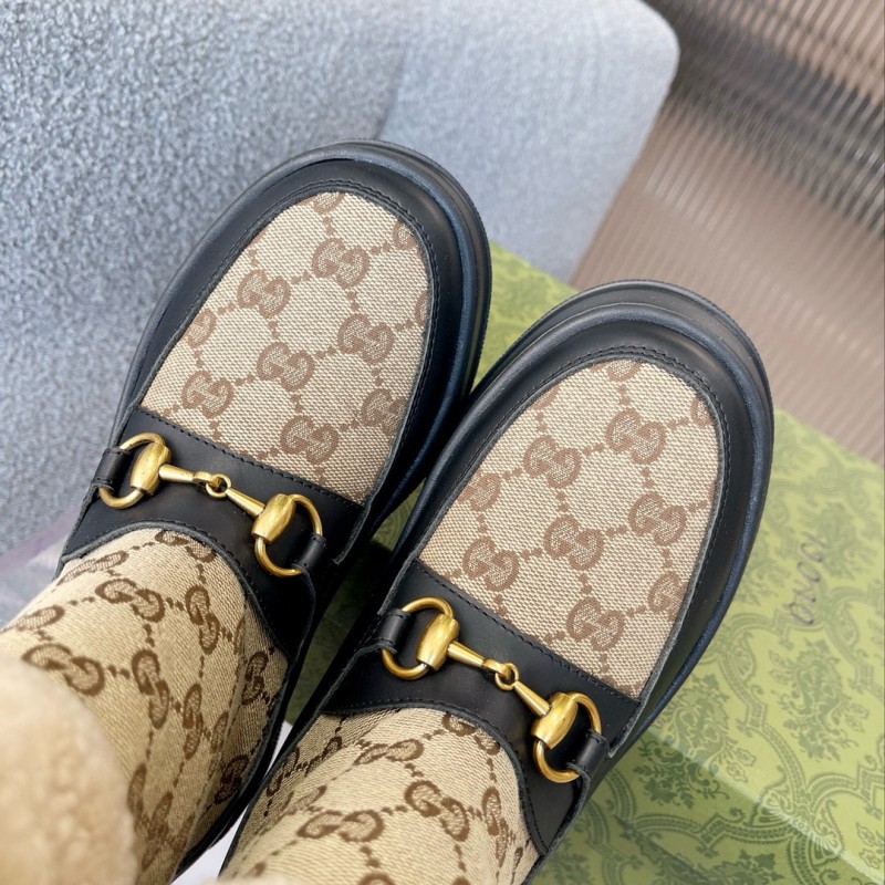 2024 Women Gucci Beige Brown Leather Snow Boots Horsebit MJ00420
