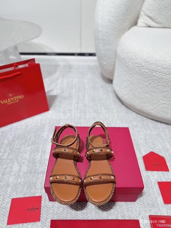 2025 Women Valentino Brown Leather Sandals Braided Craftsmanship LY00250