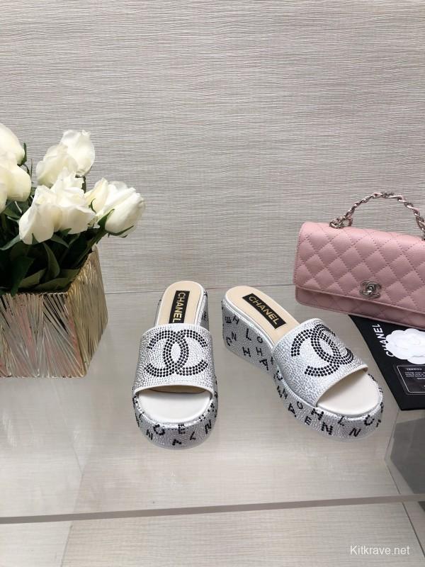 2025 Slippers Chanel White Rhinestone Platform Slide LY00330