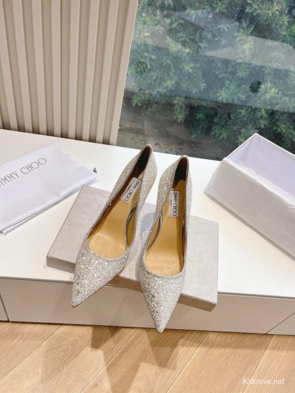 2025 Women Jimmy Choo Silver Glitter Leather Pointed Toe Pumps KFY00280