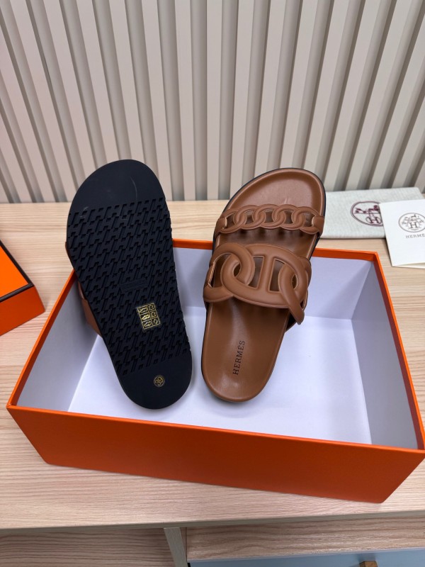 2025 Women Hermès Brown Leather Slippers KFY00260
