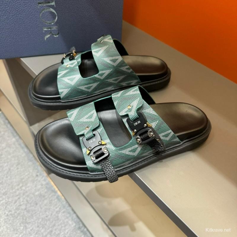 2024 Men's Dior Green Canvas Leather Slippers