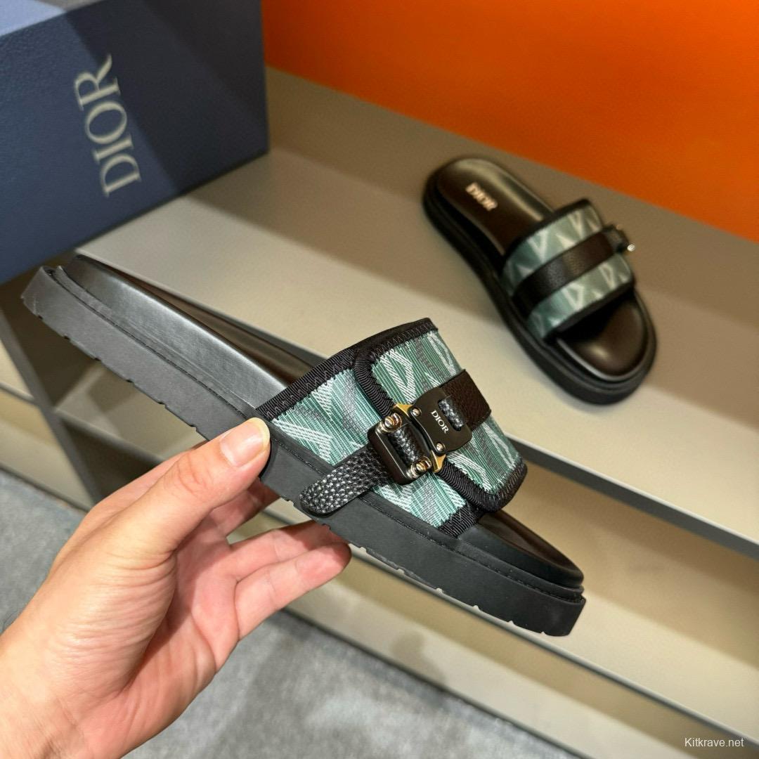 2024 Slippers Dior Green Black Leather Fabric Slippers