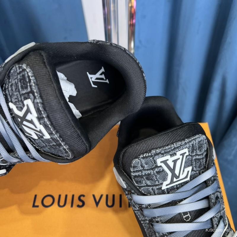 2025 Unisex Louis Vuitton Black Grey Leather Canvas Plimsolls Stitching LV0038