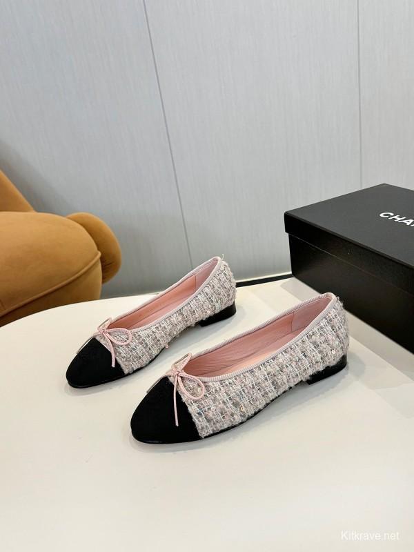 2025 Women Chanel Pink Black Sheepskin Tweed Ballet Flat LY00250