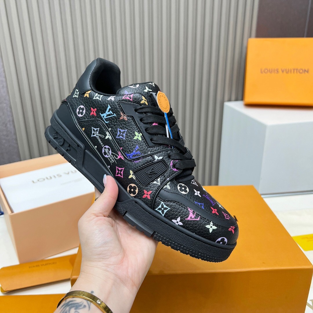 2025 Unisex Louis Vuitton Black Multicolor Leather LV Trainer Sneakers KFY00370