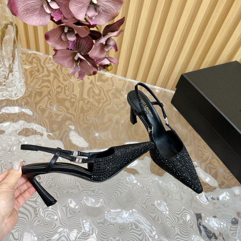 2024 Women Yves Saint Laurent Black Silk Slingback Heels MJ00320