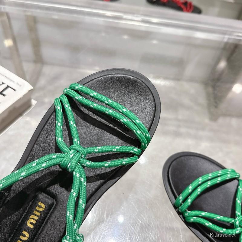 2025 Women Miu Miu Green Black Rope Leather Sandals