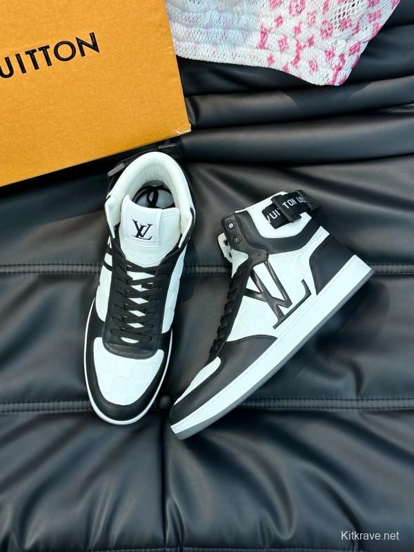 2024 Men Louis Vuitton Black White Leather High Top Sneakers MJ00420