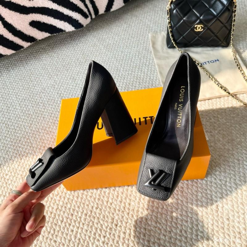 2024 Women Louis Vuitton Black Leather Block Heel Pumps