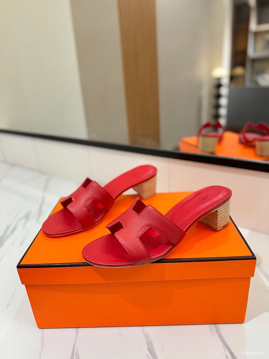 2025 Women Hermès Red Leather Slides