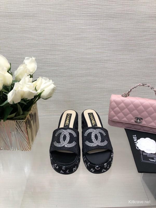 2025 Women Chanel Black Fabric Rhinestone Slippers LY00320