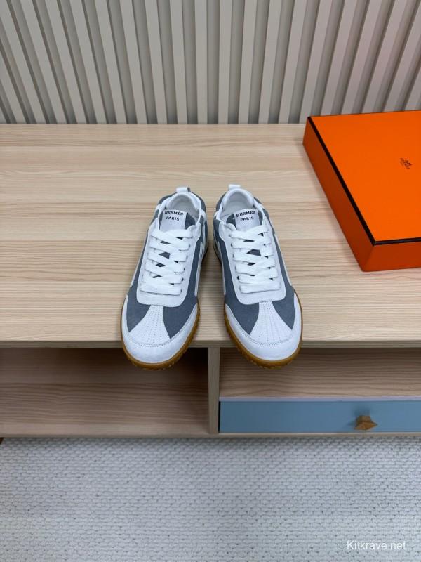 2025 Unisex Hermès White Grey Suede Down Fabric Sneakers Top Version LY00310