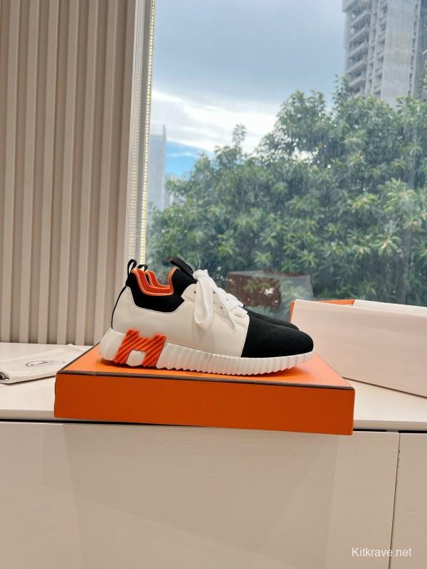 2024 Unisex Hermès Black White Orange Calfskin Suede Knitted Sneakers MJ00290