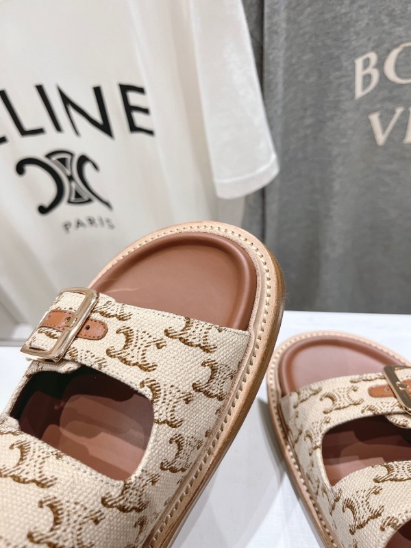 2025 Women Celine Beige Canvas Vintage Style Double Buckle Sandals Handcrafted Unisex LY00360(F)