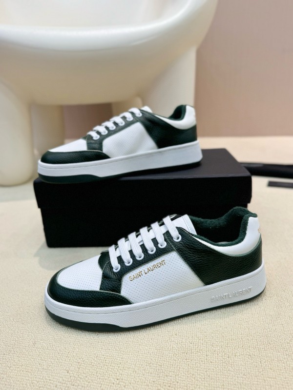 2024 Unisex Yves Saint Laurent White Dark Green Leather Silk Cowhide SL61 Casual Shoes Perforation MJ00350