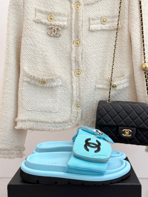 2025 Slippers Chanel Blue Fabric Slippers KFY00220