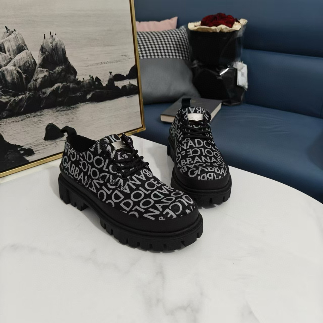 2024 Unisex Dolce & Gabbana Black White Leather Canvas Derby Chunky Shoes MJ00310