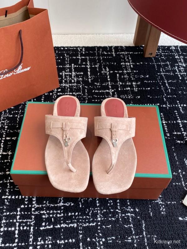 2025 Women Le Parmentier Beige Suede Thong Sandals KFY00280