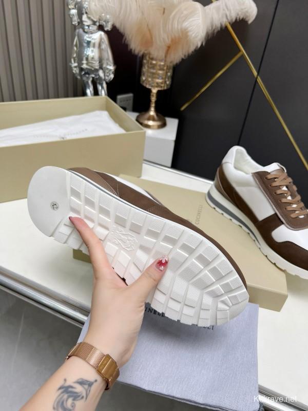 2024 Men Brunello Cucinelli White Brown Leather Suede Sneakers MJ00360