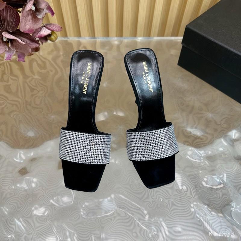 2025 Women Yves Saint Laurent Black Crystal Fabric High Heel Sandals MJ00300