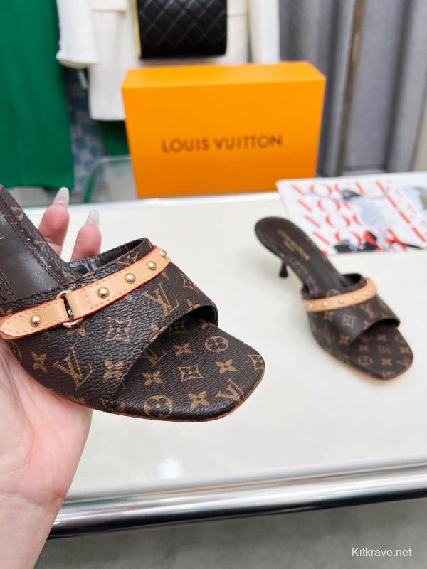 2025 Women Louis Vuitton Brown Leather Kitten Heel Mules LY00260