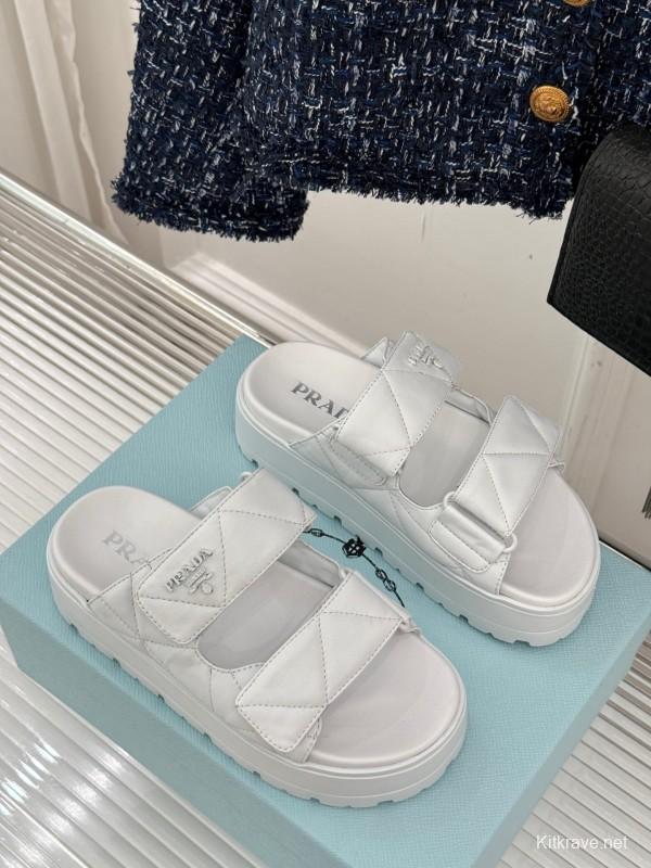 2025 Slippers Prada White Leather Quilted Velcro Strap KFY00250