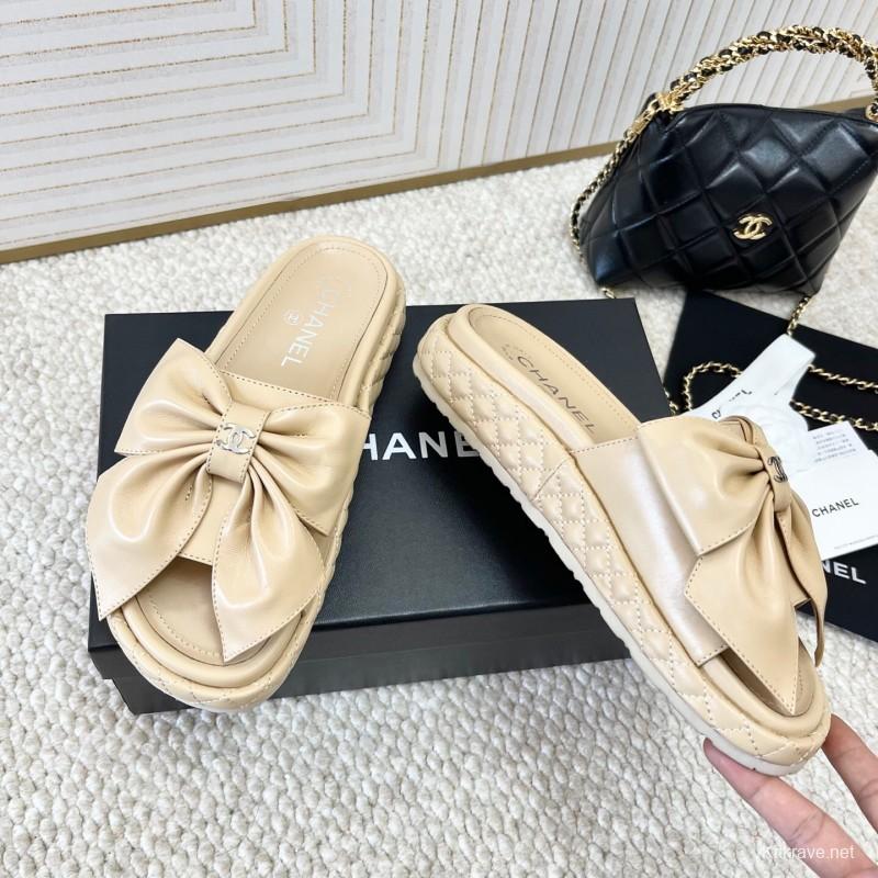 2025 Women Chanel Beige Leather Slippers Bow KFY00310